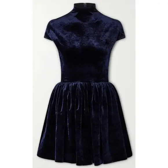 NWT Alaia Turtleneck Velvet Mini Dress Navy Womens FR 36 / US 4 - Picture 1 of 12
